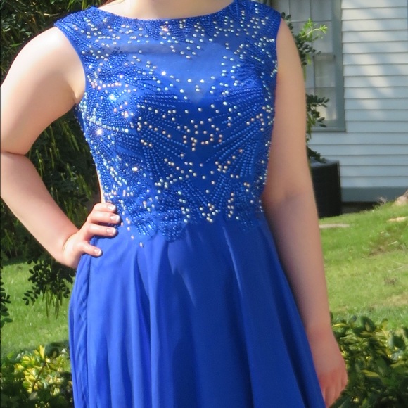 Royal Blue Sequinned Bodice Backless Prom Dress - Picture 2 of 12